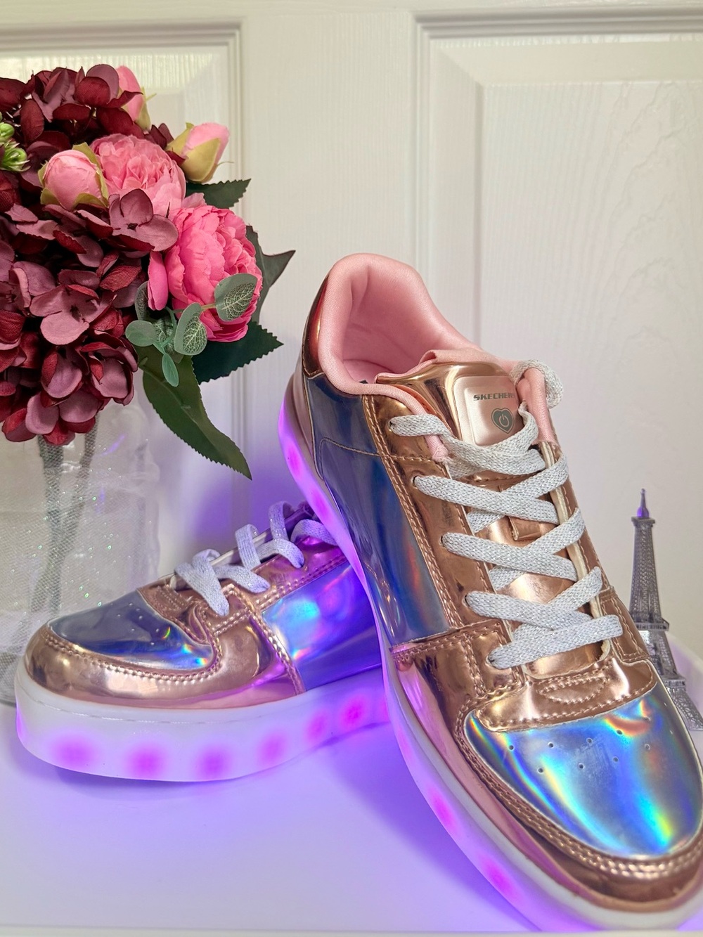 Skechers Iridescent Silver with Rose Gold Accent Platform Led Lights Sneakers